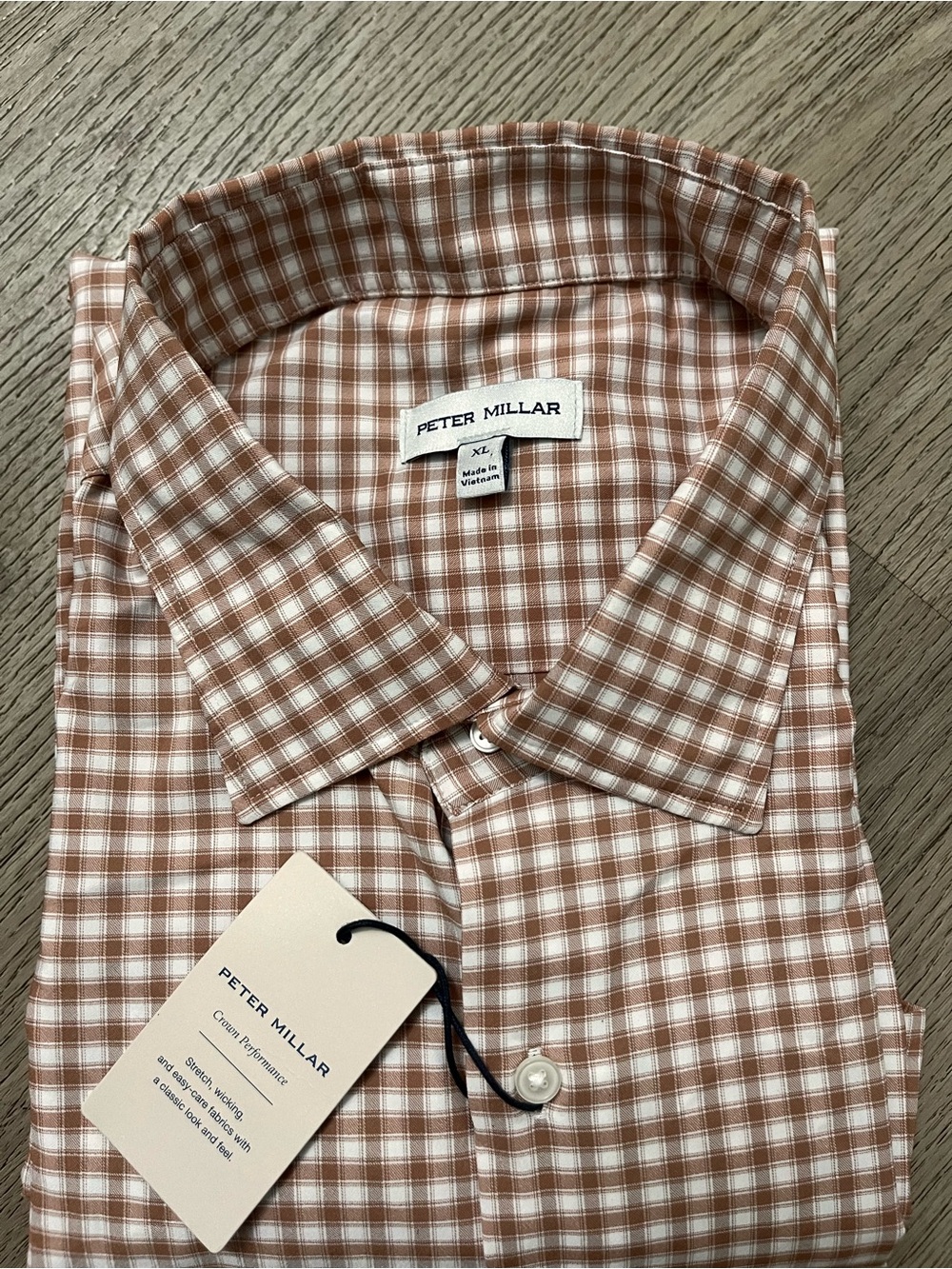 Peter Millar Men’s Tan and White Check Gingham Button-Down Shirt Crown Comfort